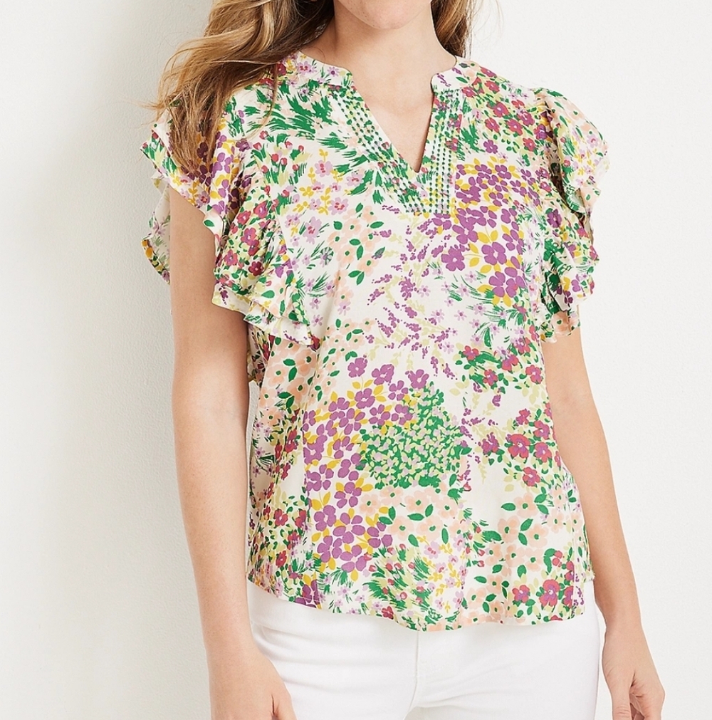 Maurices Womens Sz 0X Floral Flutter Sleeve V-Neck Flowy Blouse Top Cottagecore